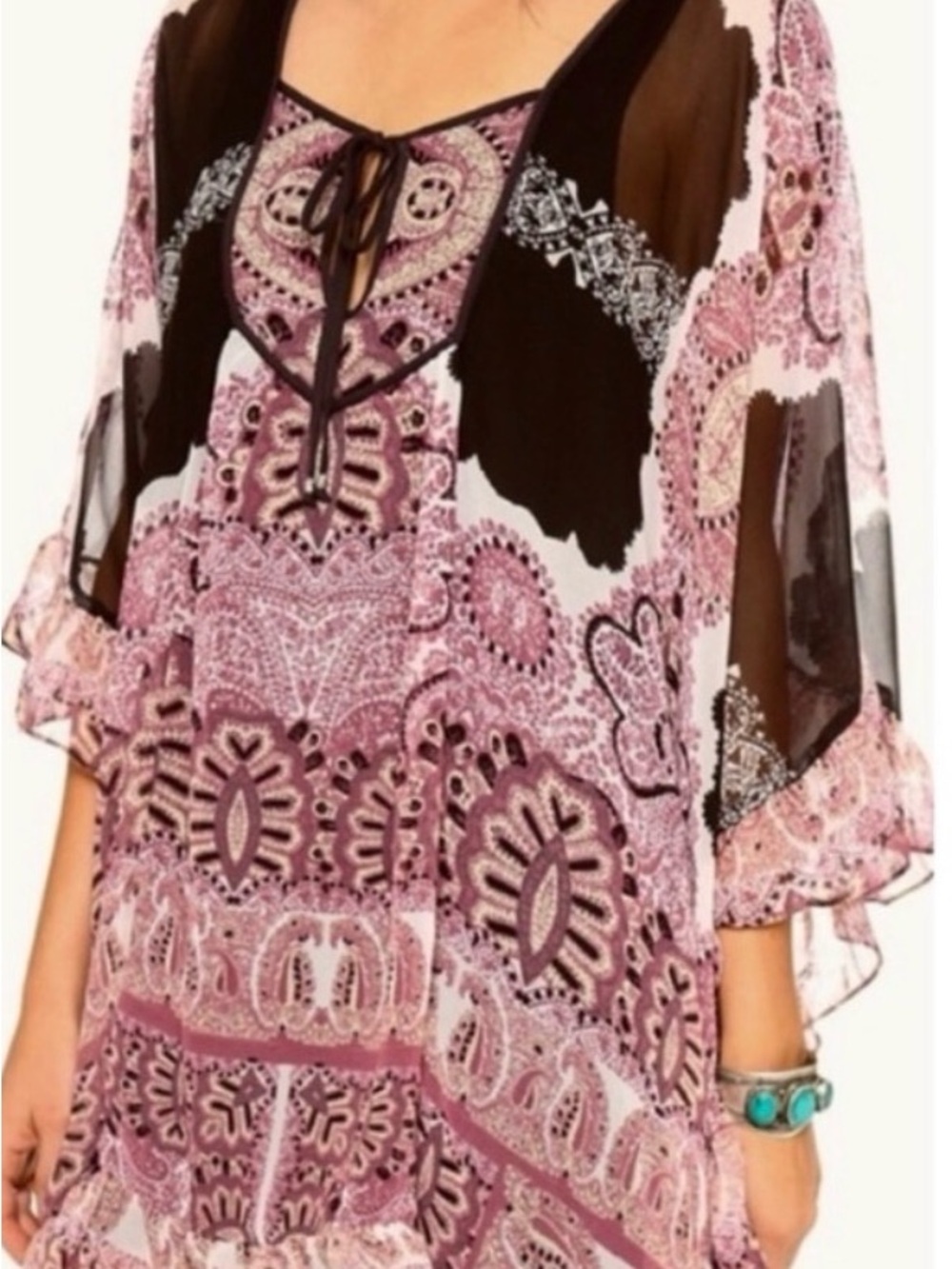 Free People Mauve and Black Paisley Tie-Front Boho Tunic - Picture 4 of 4